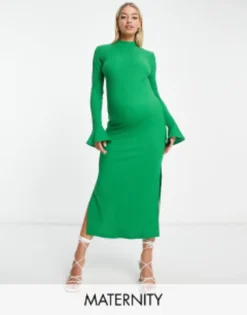 The Frolic Maternity Open Back Textured Midaxi Dress In Green