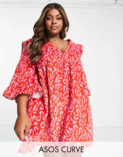 ASOS DESIGN Curve Cord Mini Smock Dress With Ruffle Shoulder In Red Abstract Print