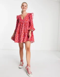 ASOS DESIGN Cord Mini Smock Dress With Ruffle Shoulder In Red Abstract Print