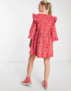 ASOS DESIGN Cord Mini Smock Dress With Ruffle Shoulder In Red Abstract Print -RIVER ISLAND || PULL & BEAR || ONLY Sales Store 203491573 3