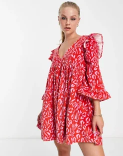 ASOS DESIGN Cord Mini Smock Dress With Ruffle Shoulder In Red Abstract Print -RIVER ISLAND || PULL & BEAR || ONLY Sales Store 203491573 4