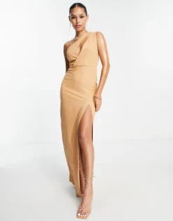 Vesper One Shoulder Slash Neck Maxi Dress In Tan