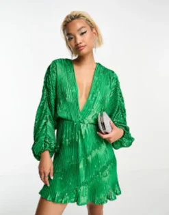 ASOS DESIGN Embellishment Mini Dress In Green With Blouson Sleeve