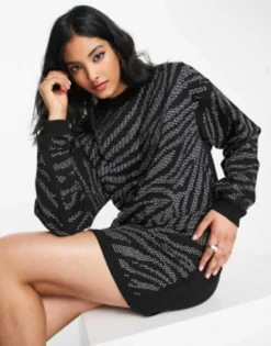 ASOS DESIGN Oversized Sweat Mini Dress With Silver Tiger Embellishment In Black