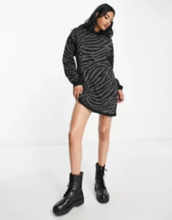 ASOS DESIGN Oversized Sweat Mini Dress With Silver Tiger Embellishment In Black -RIVER ISLAND || PULL & BEAR || ONLY Sales Store 203547868 3