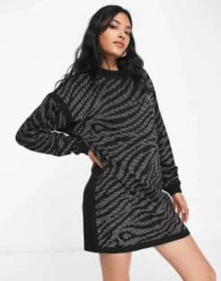 ASOS DESIGN Oversized Sweat Mini Dress With Silver Tiger Embellishment In Black -RIVER ISLAND || PULL & BEAR || ONLY Sales Store 203547868 4