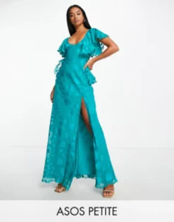 ASOS DESIGN Petite Satin Spot Flutter Sleeve Maxi Dress With Open Back In Deep Aqua