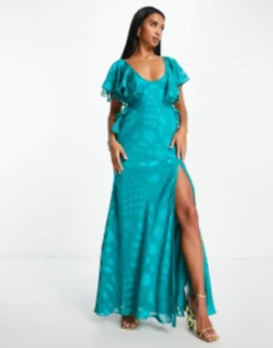 ASOS DESIGN Petite Satin Spot Flutter Sleeve Maxi Dress With Open Back In Deep Aqua -RIVER ISLAND || PULL & BEAR || ONLY Sales Store 203550443 3