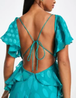 ASOS DESIGN Petite Satin Spot Flutter Sleeve Maxi Dress With Open Back In Deep Aqua -RIVER ISLAND || PULL & BEAR || ONLY Sales Store 203550443 4