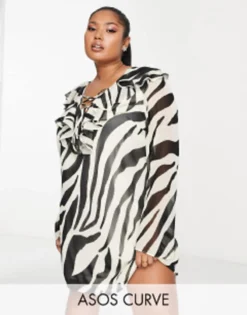 RIVER ISLAND || PULL & BEAR || ONLY Sales Store 11 ASOS DESIGN Curve Frilly Tie Up Detail Shift Mini Dress In Zebra Print