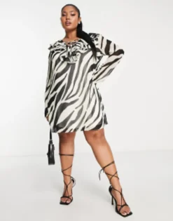 ASOS DESIGN Curve Frilly Tie Up Detail Shift Mini Dress In Zebra Print -RIVER ISLAND || PULL & BEAR || ONLY Sales Store 203585204 4