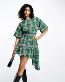 ASOS DESIGN Boucle Mini Smock Dress With Frayed Hem In Green Check