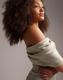 ASOS EDITION Satin Bardot Drape Wrap Maxi Dress In Sage Green -RIVER ISLAND || PULL & BEAR || ONLY Sales Store 203594937 3