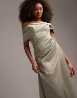 ASOS EDITION Satin Bardot Drape Wrap Maxi Dress In Sage Green -RIVER ISLAND || PULL & BEAR || ONLY Sales Store 203594937 4