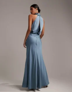 ASOS EDITION Satin Ruched Halter Neck Maxi Dress In Dusky Blue -RIVER ISLAND || PULL & BEAR || ONLY Sales Store 203594957 4