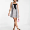 Miss Selfridge Babydoll Bow Detail Mini Pinny Dress In Check
