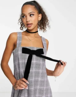 Miss Selfridge Babydoll Bow Detail Mini Pinny Dress In Check -RIVER ISLAND || PULL & BEAR || ONLY Sales Store 203598258 3