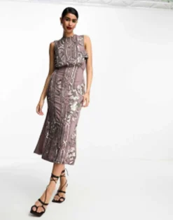 ASOS DESIGN Floral Geo Embellished Maxi Dress With Cold Shoulder Detail In Mauve