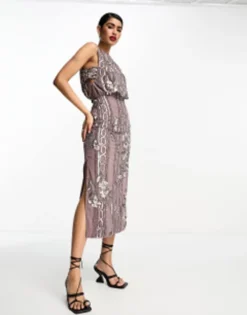 ASOS DESIGN Floral Geo Embellished Maxi Dress With Cold Shoulder Detail In Mauve -RIVER ISLAND || PULL & BEAR || ONLY Sales Store 203608325 3