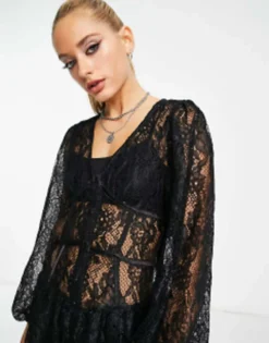 Reclaimed Vintage Inspired Long Sleeve Tie Front Lace Mini Dress In Black -RIVER ISLAND || PULL & BEAR || ONLY Sales Store 203611546 4