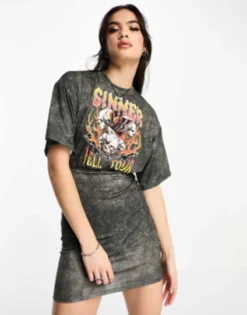 ASOS DESIGN Bodycon T-shirt Dress With Oversized Top With Sinner Graphic In Grey