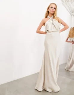 ASOS EDITION Satin Ruched Halter Neck Maxi Dress In Dusky Blue -RIVER ISLAND || PULL & BEAR || ONLY Sales Store 203613464 1 oyster