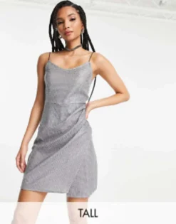 Noisy May Tall Glitter Ruched Cami Mini Dress In Silver
