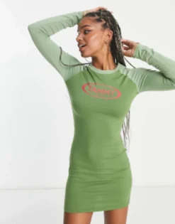 Tammy Girl Long Sleeve Raglan Bodycon Dress In Khaki With Grunge Logo