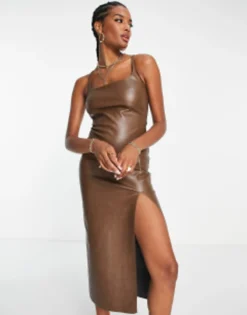 ASOS DESIGN Leather Look Midi Slip Dress In Chocolate