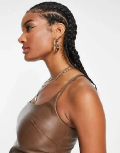 ASOS DESIGN Leather Look Midi Slip Dress In Chocolate -RIVER ISLAND || PULL & BEAR || ONLY Sales Store 203633054 3