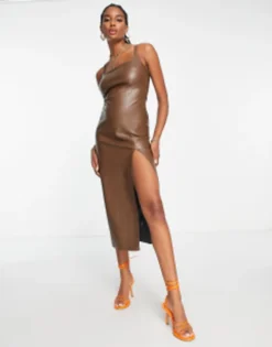 ASOS DESIGN Leather Look Midi Slip Dress In Chocolate -RIVER ISLAND || PULL & BEAR || ONLY Sales Store 203633054 4