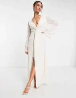 Hope & Ivy Bridal Tiered Sleeve Embroidered Maxi Dress In Ivory