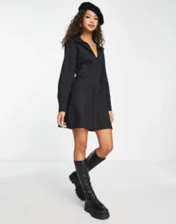 Miss Selfridge Poplin Corset Shirt Dress In Black