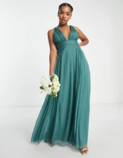 ASOS DESIGN Bridesmaid Ruched Bodice Drape Maxi Dress With Wrap Waist In Olive -RIVER ISLAND || PULL & BEAR || ONLY Sales Store 203679054 1 smokegreen