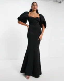 ASOS DESIGN Tall Exaggerated Sleeve Open Back Maxi Dress With Sweep Hem In Black -RIVER ISLAND || PULL & BEAR || ONLY Sales Store 203680569 4