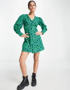 Wednesday's Girl Ditsy Floral Print Button Through Mini Dress In Jade Green -RIVER ISLAND || PULL & BEAR || ONLY Sales Store 203689839 4