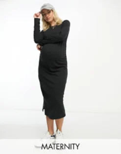 Threadbare Maternity Long Sleeve Midi Dress In Black