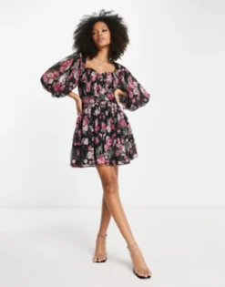 ASOS DESIGN Corset Detail Belted Mini Dress With Blouson Sleeve With Belt In Black Floral Print