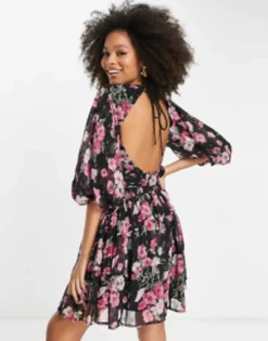 ASOS DESIGN Corset Detail Belted Mini Dress With Blouson Sleeve With Belt In Black Floral Print -RIVER ISLAND || PULL & BEAR || ONLY Sales Store 203720781 3