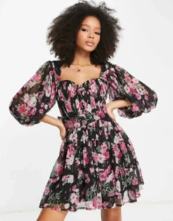 ASOS DESIGN Corset Detail Belted Mini Dress With Blouson Sleeve With Belt In Black Floral Print -RIVER ISLAND || PULL & BEAR || ONLY Sales Store 203720781 4