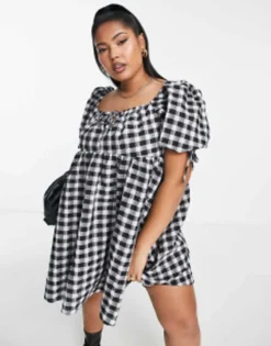 ASOS DESIGN Curve Exclusive Parachute Mini Smock Dress In Mono Check