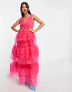 Amy Lynn Honor Tiered Tulle Maxi Dress In Hot Pink
