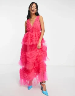 Amy Lynn Honor Tiered Tulle Maxi Dress In Hot Pink -RIVER ISLAND || PULL & BEAR || ONLY Sales Store 203753789 4