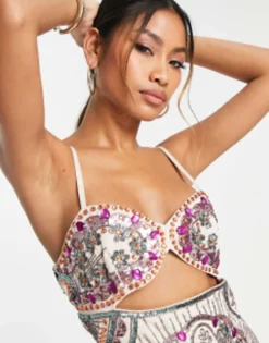 ASOS DESIGN Embellished Multi Beaded Mini Dress With Cut Out Bust Detail In Stone -RIVER ISLAND || PULL & BEAR || ONLY Sales Store 203758731 3