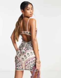 ASOS DESIGN Embellished Multi Beaded Mini Dress With Cut Out Bust Detail In Stone -RIVER ISLAND || PULL & BEAR || ONLY Sales Store 203758731 4