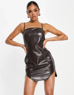 Kaiia Leather Look Square Neck Mini Dress In Chocolate
