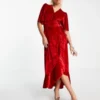 Flounce London Long Sleeve Wrap Maxi Dress In Red Velvet