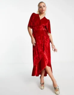Flounce London Long Sleeve Wrap Maxi Dress In Red Velvet