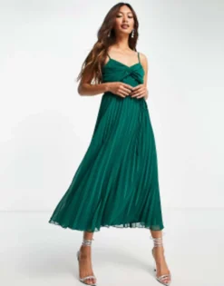 ASOS DESIGN Twist Front Pleated Cami Midi Dress With Belt In Forest Green