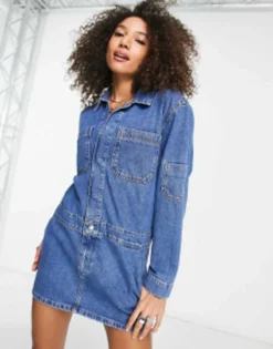 ASOS DESIGN Denim Cargo Mini Dress In Blue